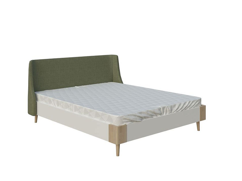 Кровать Lagom Side Chips 160x190 ЛДСП+ткань Лама Авокадо/ЛДСП Белый Жемчуг/Масло-воск Natura (Бук) - Оригинальная кровать без встроенного основания из ЛДСП с мягкими элементами.