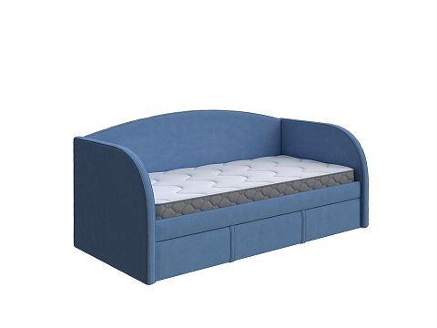 Синяя кровать Hippo-Софа c выкатным ящиком - Удобная детская кровать с бельевым ящиком в мягкой обивке