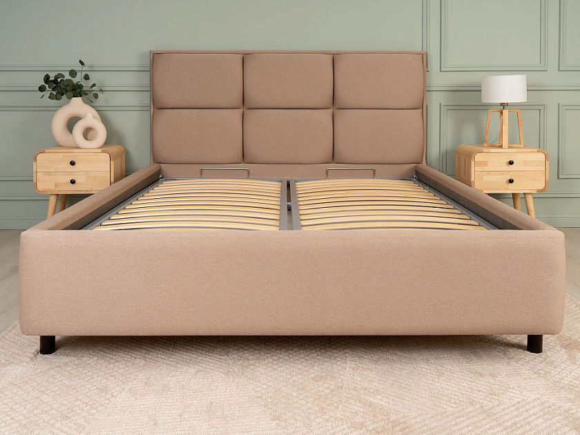 Кровать Malina 140x200 Ткань: Рогожка Тетра Бежевый - Изящная кровать без встроенного основания из массива сосны с мягкими элементами.