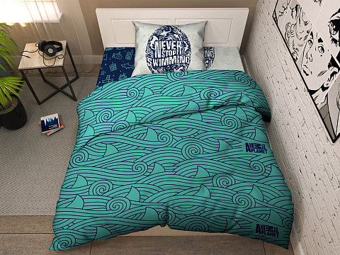 Комплект Animal Planet По волнам 143x215 Ткань: Сатин Полутораспальный (70х70) - Яркое постельное белье с с морским принтом.
